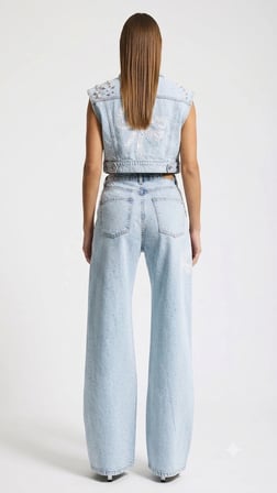 Jeans Pantolon Straight Fit Taş İnci Dantel Detaylı Özel Tasarım Denim