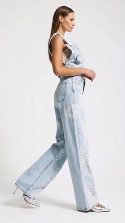 Jeans Pantolon Straight Fit Taş İnci Dantel Detaylı Özel Tasarım Denim