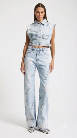 Jeans Pantolon Straight Fit Taş İnci Dantel Detaylı Özel Tasarım Denim