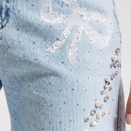 Jeans Pantolon Straight Fit Taş İnci Dantel Detaylı Özel Tasarım Denim