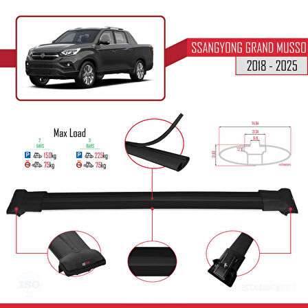 Ssangyong Grand Musso 2018 ve Sonrası ile Uyumlu FLY Model Ara Atkı Tavan Barı Siyah 2 Adet