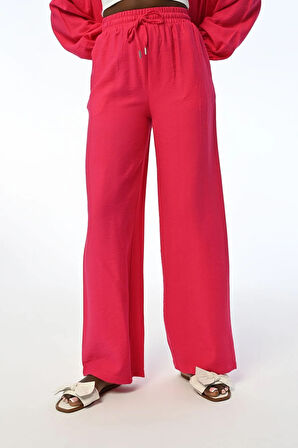 KADIN RAHAT KALIP BOL PAÇA BELİ LASTİKLİ DÜZ RENK PANTOLON