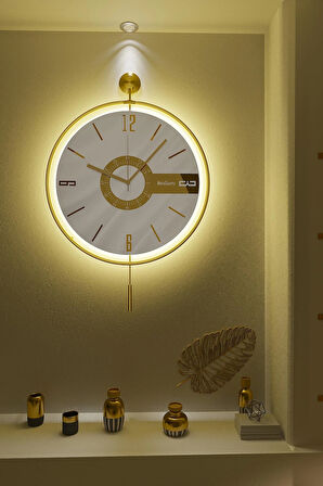 Orta Boy - Gold 37cm Çap - Elit Three (PİLLİ LED SİSTEMİ) , Metal Duvar Saati