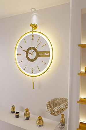 Orta Boy - Gold 37cm Çap - Elit Three (PİLLİ LED SİSTEMİ) , Metal Duvar Saati