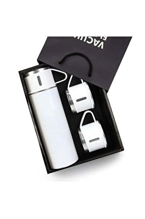 Beyaz 3 Bardaklı Beyaz Termos