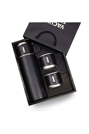 3 Bardaklı Siyah Termos