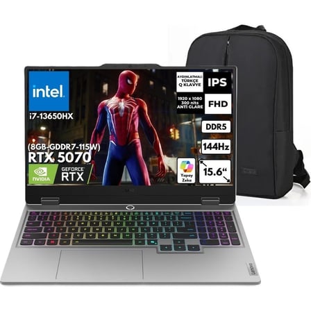 Lenovo Loq I7-13650HX 12GB 512 GB SSD 15.6" Fhd 144Hz Rtx 5070 8gb Gddr7 W11PRO 83JE00D0TR Snertech Çanta