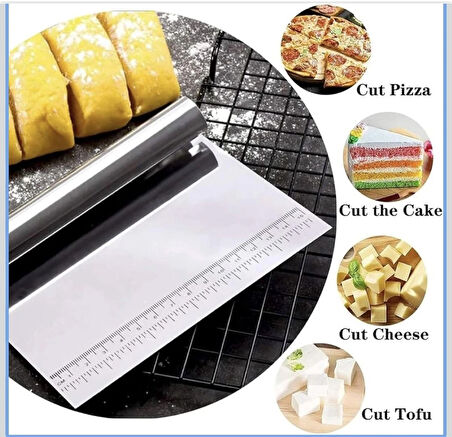 Paslanmaz Çelik Hamur Kesme ve Kazıyıcı Spatula Ölçü Çizgili Pasta Kek Kesici Aparat