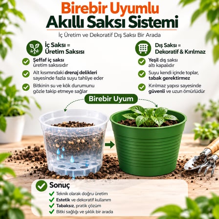 Akıllı 2'li Saksı Seti - Yeşil Dekoratif Saksı + Şeffaf Üretim Saksısı | Drenajlı, Kırılmaz