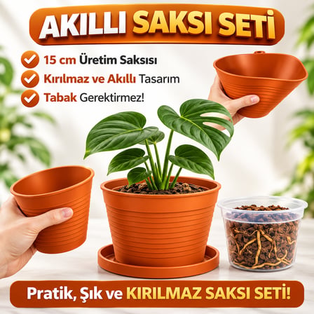Akıllı 2'li Saksı Seti - Terracota Dekoratif Saksı + Şeffaf Üretim Saksısı | Drenajlı Kırılmaz