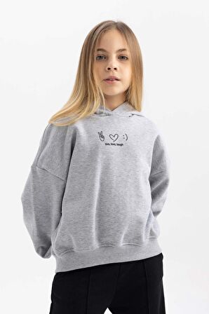 DeFacto Kız Çocuk Oversize Fit Kapüşonlu Baskılı İçi Yumuşak Tüylü Kalın Sweatshirt B2511A823WNGR379