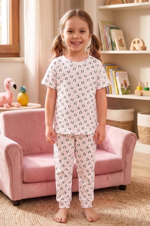Öts Kız Çocuk Pamuklu Pijama Takımı Kısa Kol Uzun Alt Desenli Rahat Uyku Kalıbı (474001)