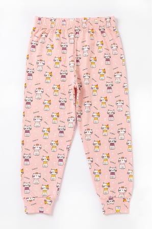 Öts Kız Çocuk Pamuklu Pijama Takımı Kısa Kol Uzun Alt Desenli Geniş ve Rahat Kesim (474003)