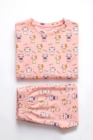Öts Kız Çocuk Pamuklu Pijama Takımı Kısa Kol Uzun Alt Desenli Geniş ve Rahat Kesim (474003)