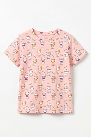 Öts Kız Çocuk Pamuklu Pijama Takımı Kısa Kol Uzun Alt Desenli Geniş ve Rahat Kesim (474003)