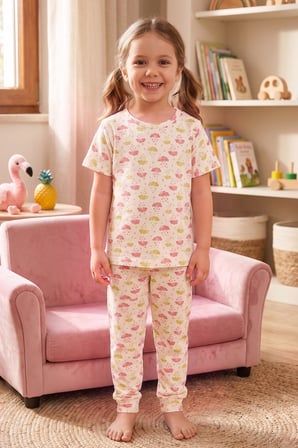 Öts Kız Çocuk Pamuklu Pijama Takımı Kısa Kol Uzun Alt Desenli Geniş ve Rahat Kesim (474005)