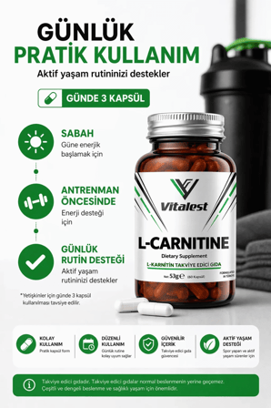 L-Carnitine 1500 mg 60 Kapsül | Yeşil Çay Ekstresi + B3 B6 B12 Vitaminli L-Karnitin Takviyesi