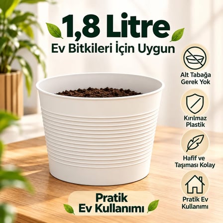 1,8 Litre Tabaksız Kırılmaz Plastik Saksı | 5 Adet Set | Modern Ev & Salon Bitkileri Için