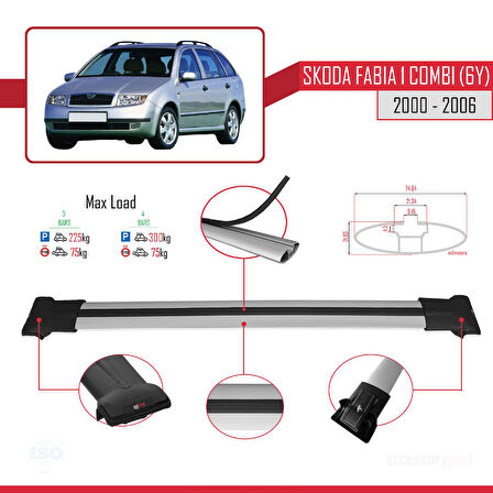 Skoda Fabia (6Y) Combi 2000-2006 Arası ile Uyumlu FLY Model Ara Atkı Tavan Barı Gri 3 Adet