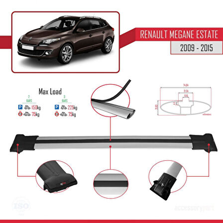 Renault Megane 3 ST 2009-2015 Arası ile Uyumlu FLY Model Ara Atkı Tavan Barı Gri 2 Adet