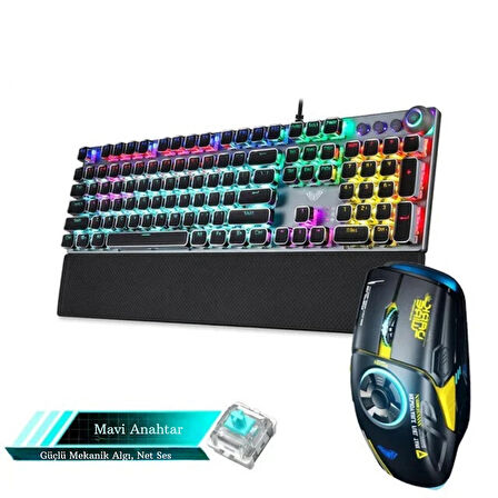 ShopFast Mekanik Klavye Mouse Seti Kablolu Klavye 2.4G Mouse RGB Bilek Desteği Daktilo Klavye Retro 