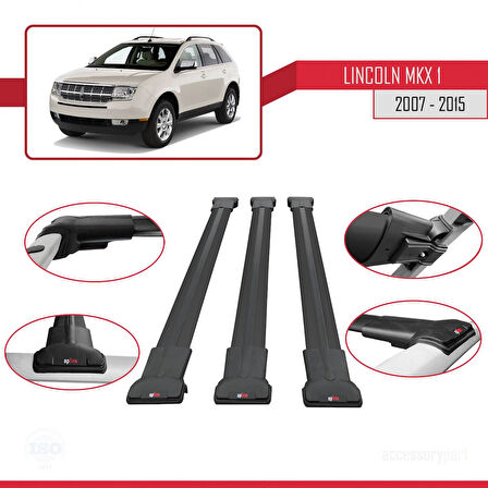 Lincoln MKX (U388) 2007-2015 Arası ile Uyumlu FLY Model Ara Atkı Tavan Barı Siyah 3 Adet