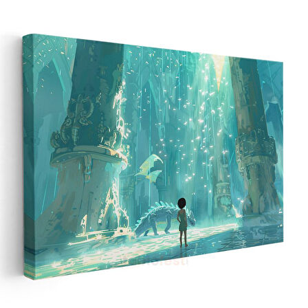 Antik Tapınak - Turkuaz Işıklar Anime Kanvas Tablo
