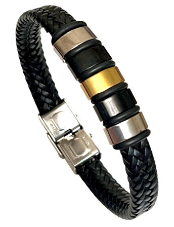 Deri ve Kararmaz Çelik Mixli Trend Model Erkek Bileklik 21 cm