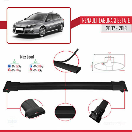 Renault Laguna 3 Estate 2007-2013 Arası ile Uyumlu FLY Model Ara Atkı Tavan Barı Siyah 3 Adet