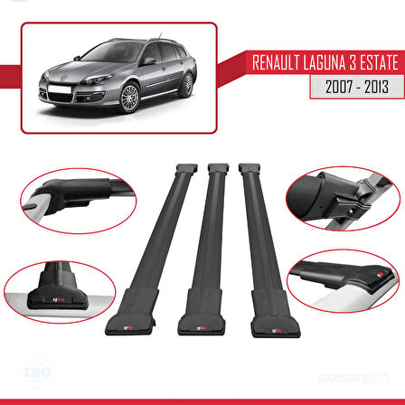 Renault Laguna 3 Estate 2007-2013 Arası ile Uyumlu FLY Model Ara Atkı Tavan Barı Siyah 3 Adet
