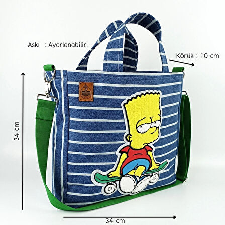 Woodycord Bart Simpson Tasarım  Büyük Boy Denim Tote Çanta