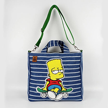 Woodycord Bart Simpson Tasarım  Büyük Boy Denim Tote Çanta