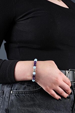 Sertifikalı Doğal Taş Kadın Erkek Bileklik Ametist Ve Akuamarin Ve 925 Ayar Gümüş 8mm Bileklik