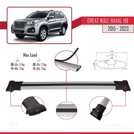 Great Wall Haval H9 2015-2023 Arası ile Uyumlu FLY Model Ara Atkı Tavan Barı Gri 2 Adet