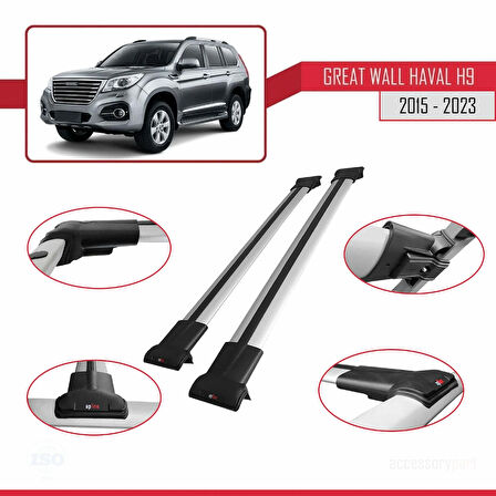Great Wall Haval H9 2015-2023 Arası ile Uyumlu FLY Model Ara Atkı Tavan Barı Gri 2 Adet