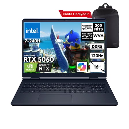 Dell Alienware 16 Aurora 7-240H 64-GBDDR5 2 TBSSD RTX5060 (8GB-GDDR7) 16" 2K WQXGA 120Hz Windows 11 Home + Sırt Çantası AC16250-C716156WQB8