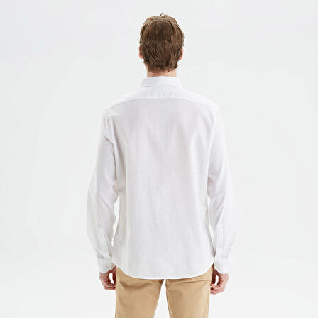 Nautica Erkek Beyaz Slim Fit Uzun Kollu Keten Gömlek