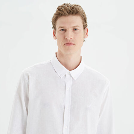Nautica Erkek Beyaz Slim Fit Uzun Kollu Keten Gömlek