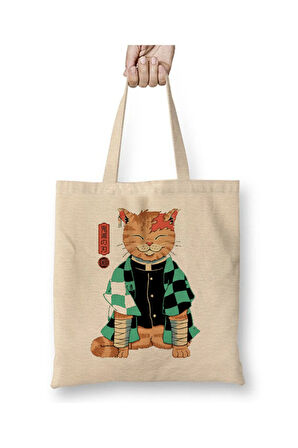 Demon Slayer Tanjiro Kedi Beyaz Bez Çanta Uzun Saplı Alışveriş Çantası Plaj Çantası