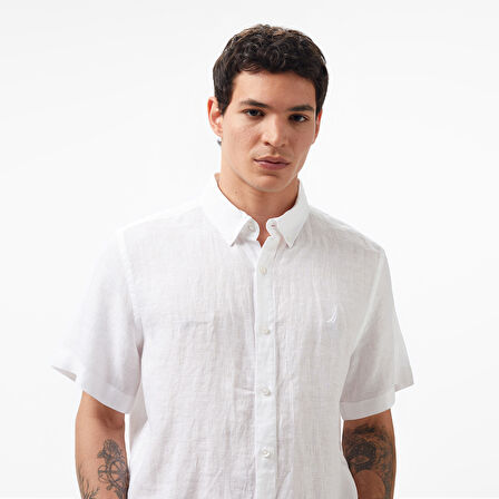 Nautica Erkek Beyaz Classic Fit Kısa Kollu Keten Gömlek