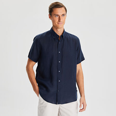 Nautica Erkek Lacivert Classic Fit Kısa Kollu Keten Gömlek