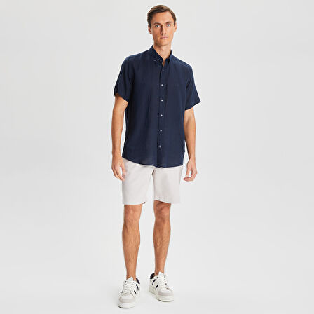 Nautica Erkek Lacivert Classic Fit Kısa Kollu Keten Gömlek