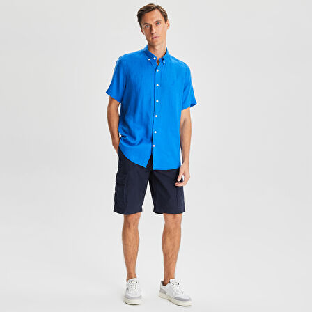 Nautica Erkek Mavi Classic Fit Kısa Kollu Keten Gömlek