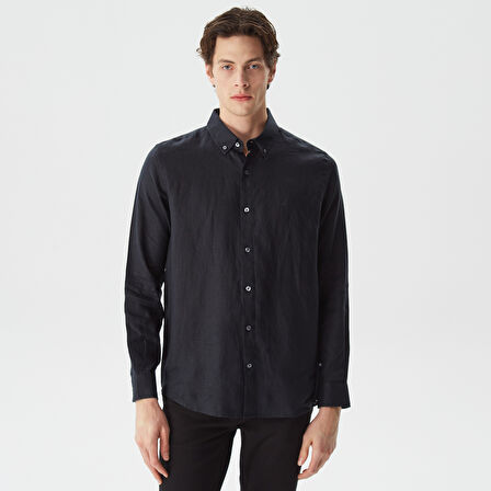 Nautica Erkek Siyah Classic Fit Uzun Kollu Keten Gömlek
