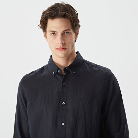 Nautica Erkek Siyah Classic Fit Uzun Kollu Keten Gömlek
