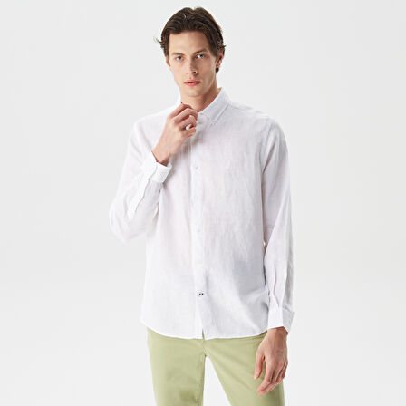 Nautica Erkek Beyaz Classic Fit Uzun Kollu Keten Gömlek