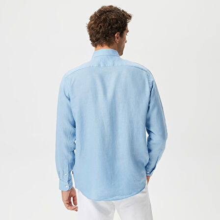 Nautica Erkek Mavi Classic Fit Uzun Kollu Keten Gömlek