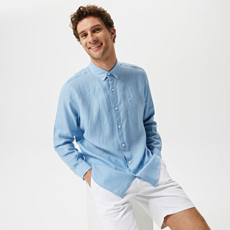 Nautica Erkek Mavi Classic Fit Uzun Kollu Keten Gömlek