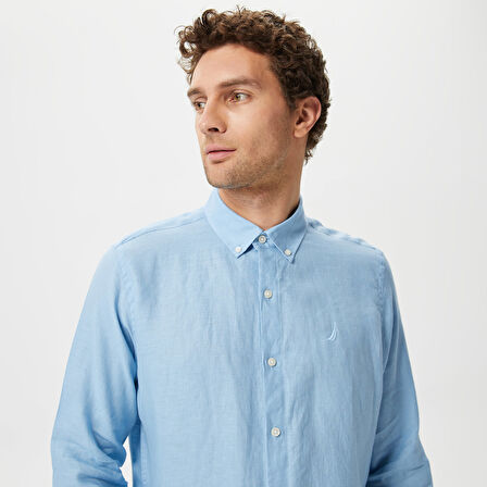 Nautica Erkek Mavi Classic Fit Uzun Kollu Keten Gömlek