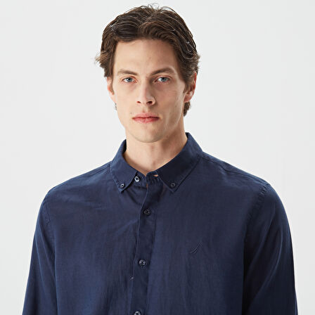Nautica Erkek Lacivert Classic Fit Uzun Kollu Keten Gömlek